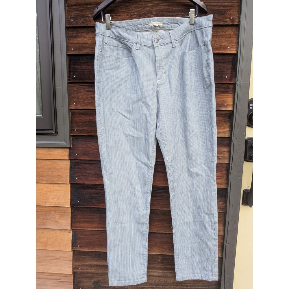Eileen Fisher Organic Cotton Blue White Railroad Stripe Slim Boyfriend Jeans 14